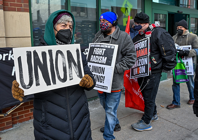 A group of protestors rallied in support of Amazon workers and unionization on January 15, 2022, in Philadelphia, Pennsylvania. 