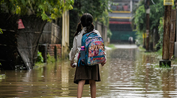 girl standing in a flooded street