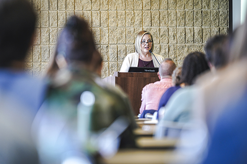 Stefanie DeLuca speaks at Northwestern