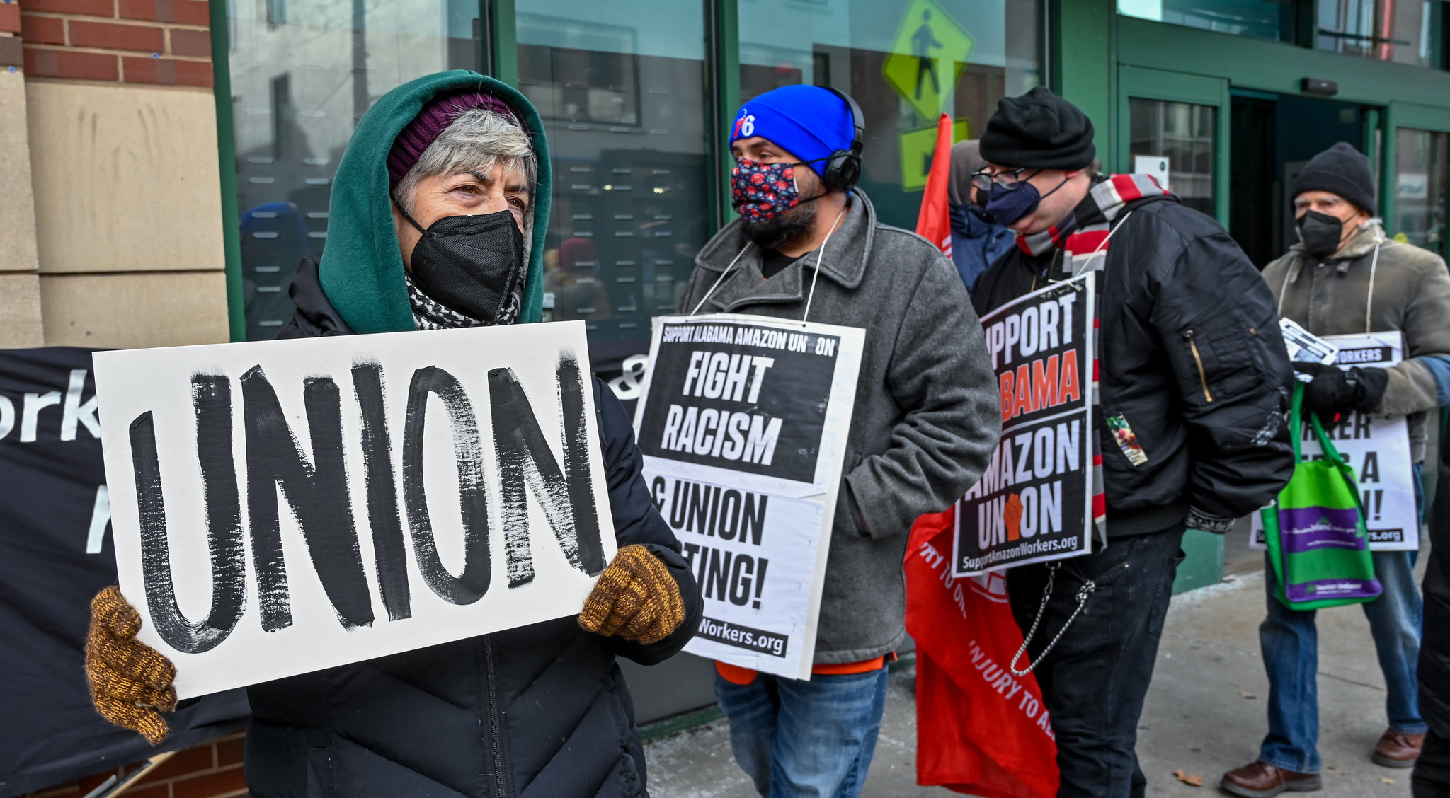 A group of protestors rallied in support of Amazon workers and unionization on January 15, 2022, in Philadelphia, Pennsylvania. 