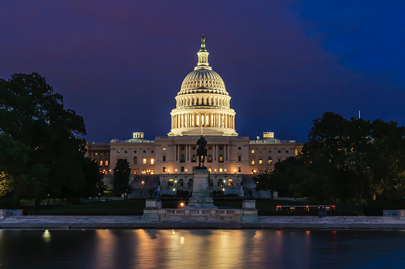 front view of U.S. capitol building at night