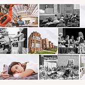 A collage of ten images representing IPR’s 2025 research and events, including a robotics lab, a public lecture, faculty speaking, community and policy work, maternal health and teen mental health contexts, neighborhood housing, academic ceremonies, and a memorial site.