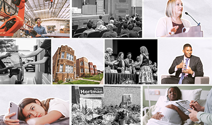 A collage of photos illustrating IPR research and events, including robotics and manufacturing, public lectures and panel discussions, healthcare and maternal health, housing and education settings, and community and campus scenes.