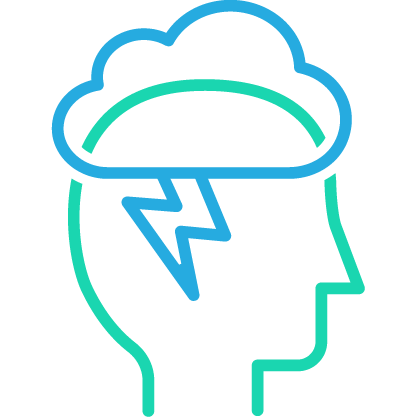 line drawing of human head with rain cloud and lightning bolt over it indicating anger