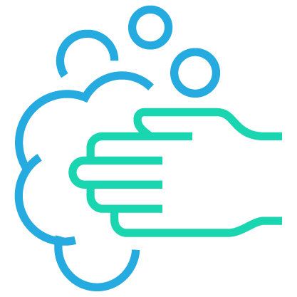 line drawing of hands with suds indicating hand washing