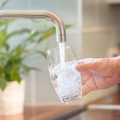 person getting a glass of water from kitchen sink